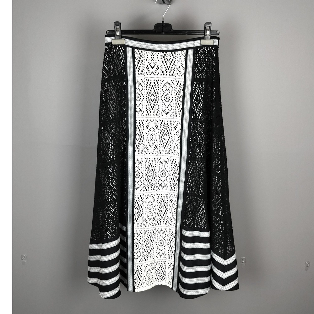 NNA Crochet Lace Paneled A-Line Midi Skirt Womens Medium Black White PS2805SK